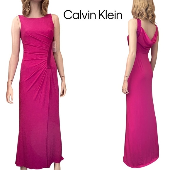 Calvin Klein Dress Gown Train Glass Beading Jersey Knit Ruched Draped Cowl Back - Picture 1 of 16